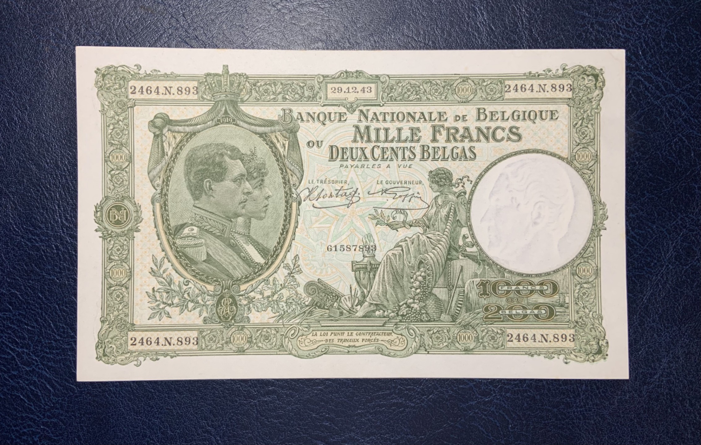 收藏联盟Quantum Auction 第190期拍卖(已更新) 比利时1943年1000法郎 品相UNC- 大票幅