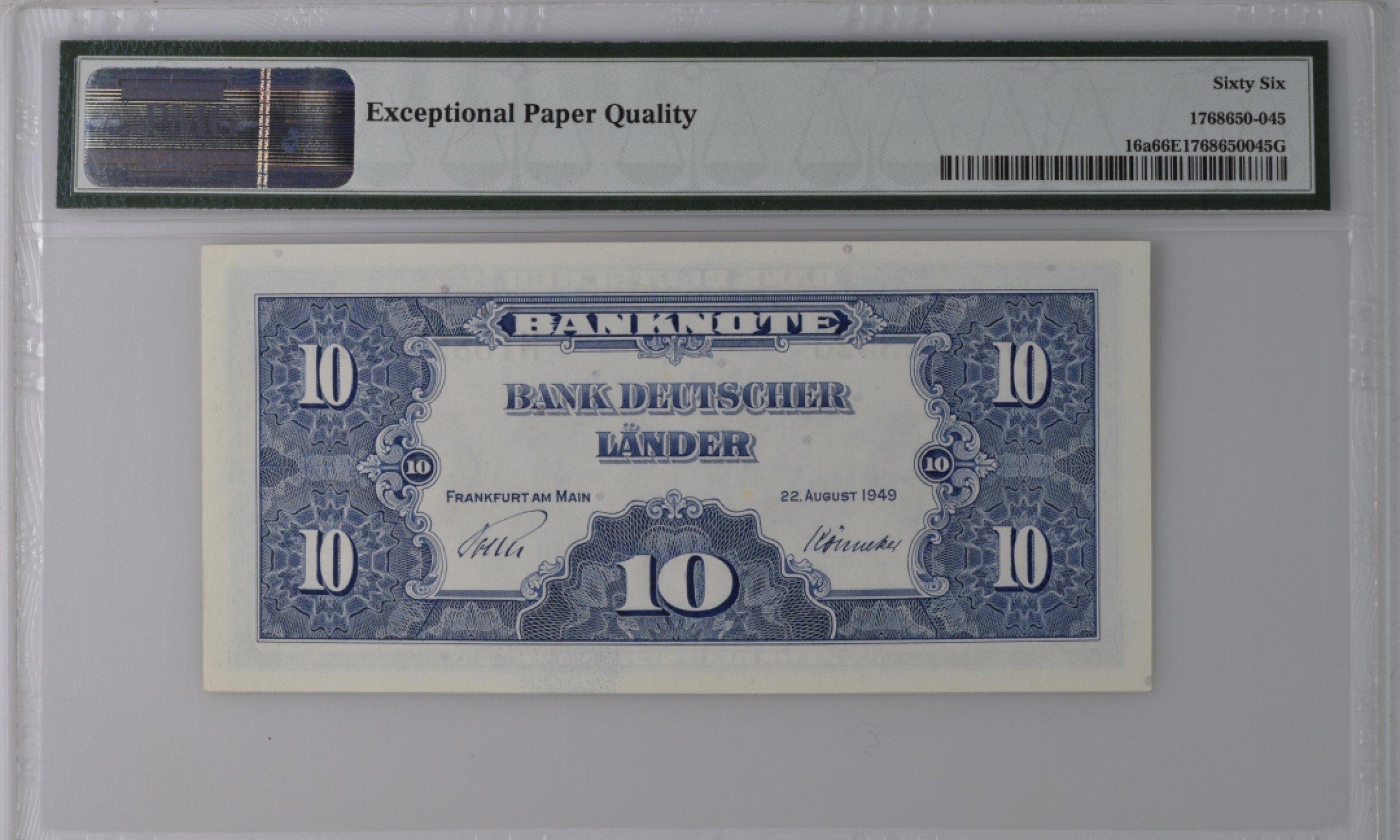 收藏联盟Quantum Auction 第190期拍卖(已更新) 德国联邦1949年10马克 PMG66 美钞印刷 二战后美占区发行