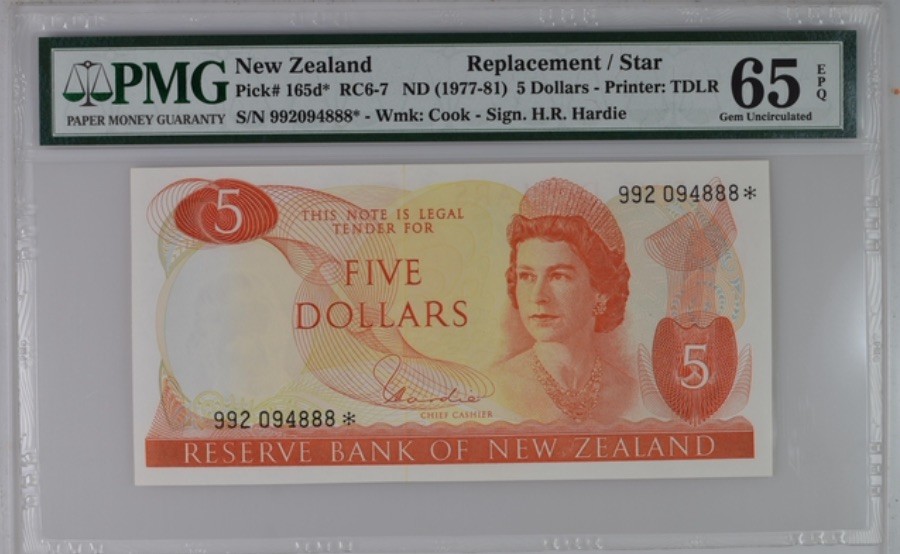 收藏联盟Quantum Auction 第190期拍卖(已更新) 新西兰1977-81年5元 PMG65 补号 豹子号888