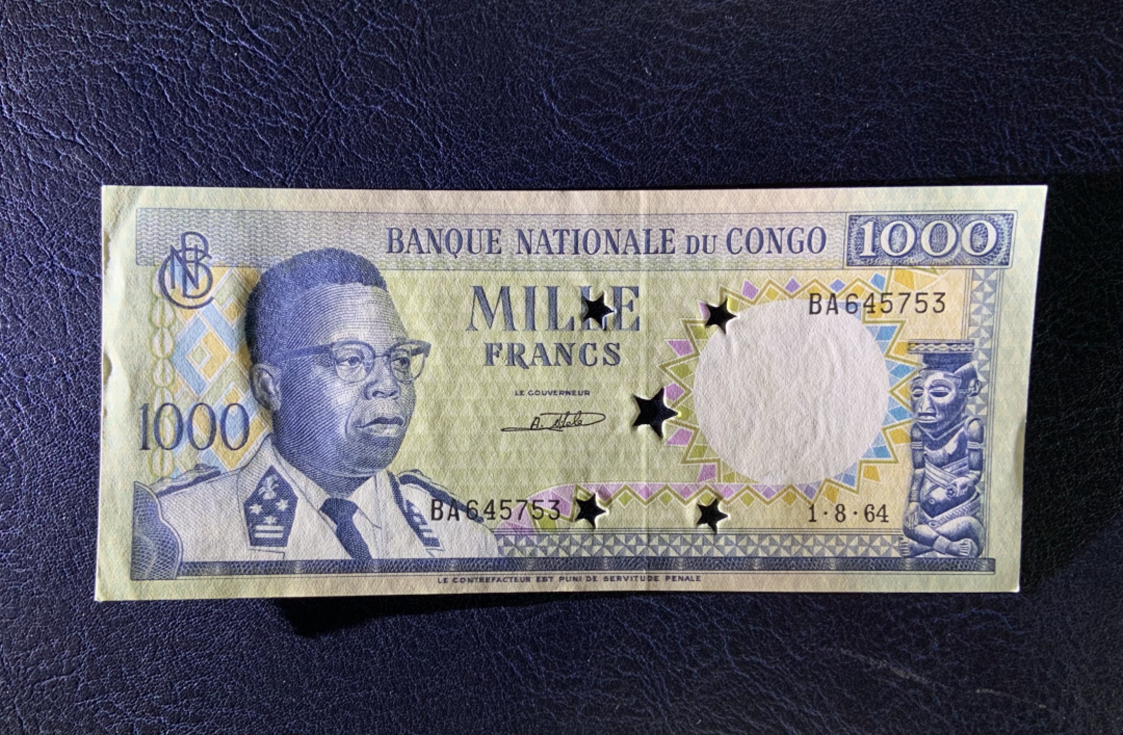 收藏联盟Quantum Auction 第190期拍卖(已更新) 刚果民主共和国1964年1000法郎 打星注销票 品相全新UNC
