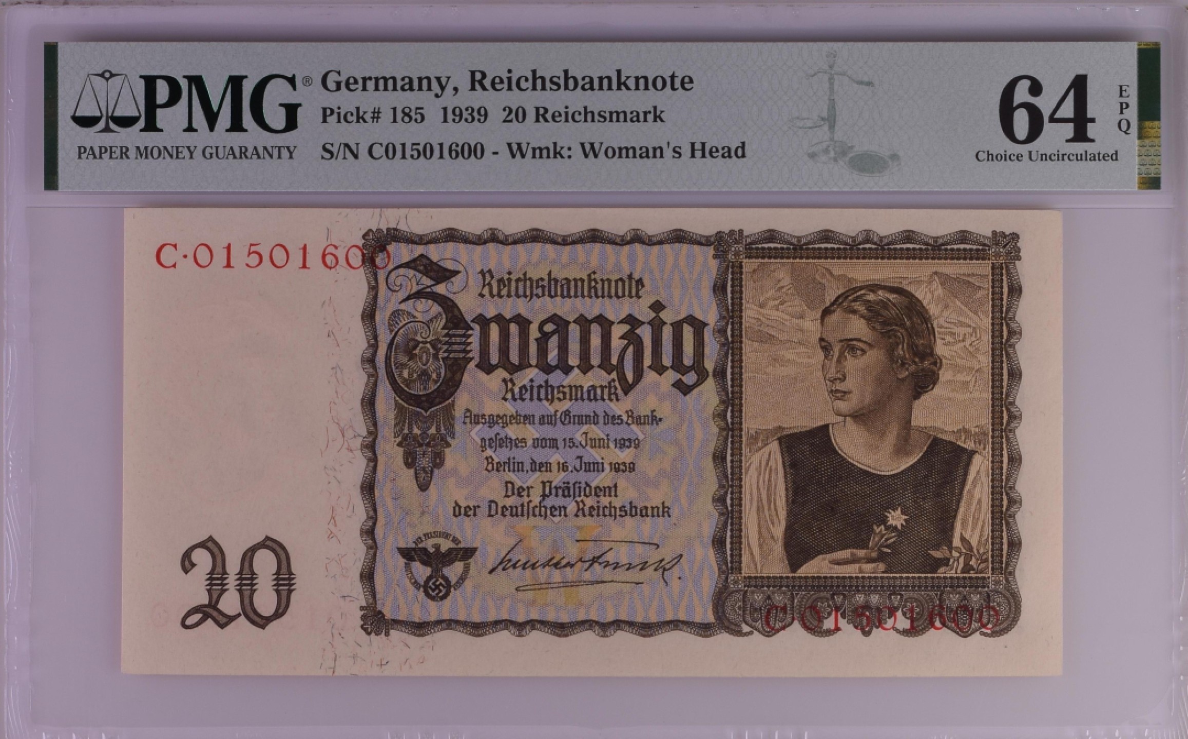 收藏联盟Quantum Auction 第190期拍卖(已更新) 德国1939年20马克 PMG64 正面左下方有落榜美术生执政时期特殊标志