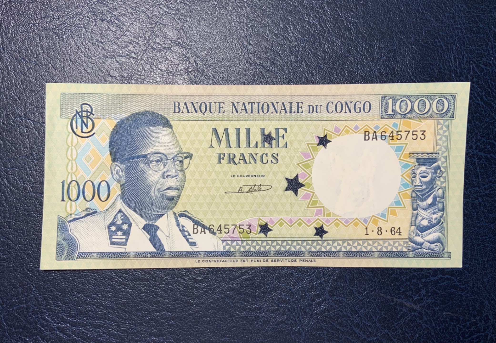 收藏联盟Quantum Auction 第190期拍卖(已更新) 刚果民主共和国1964年1000法郎 打星注销票 品相全新UNC