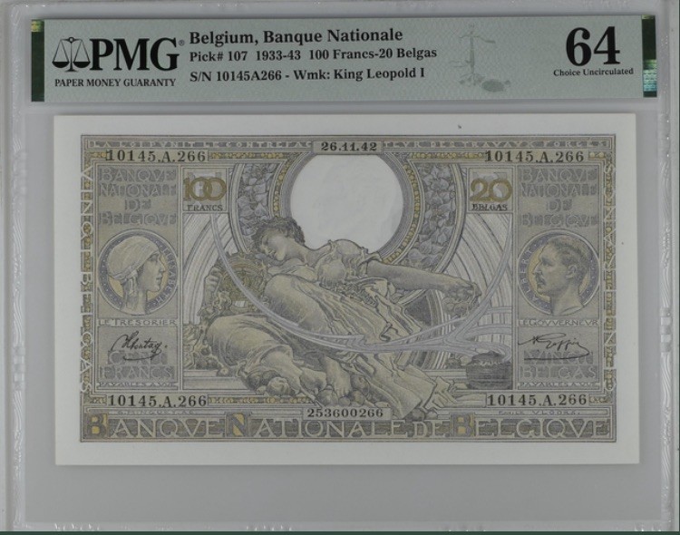 收藏联盟Quantum Auction 第190期拍卖(已更新) 比利时1933-43年100法郎 PMG64大票幅