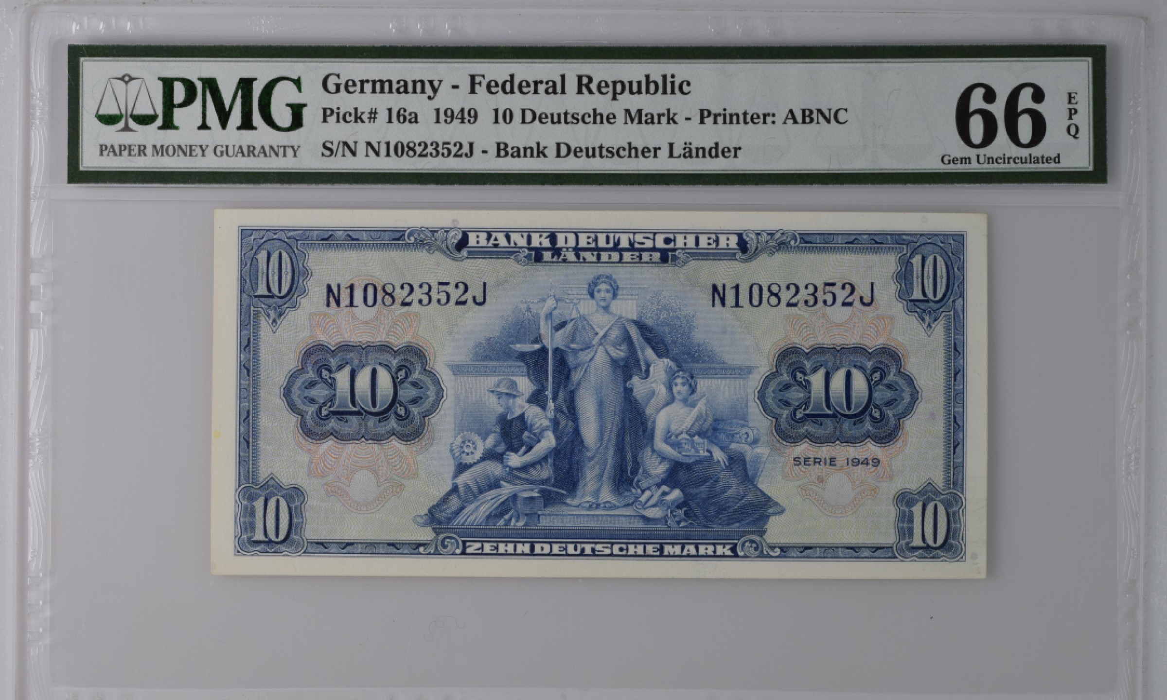 收藏联盟Quantum Auction 第190期拍卖(已更新) 德国联邦1949年10马克 PMG66 美钞印刷 二战后美占区发行