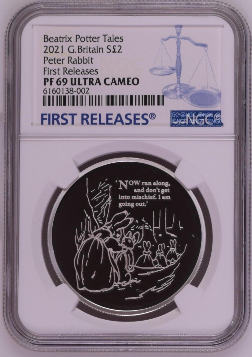 收藏联盟Quantum Auction 第190期拍卖(已更新) 英国2021年彼得兔1盎司精制银币 面额2英镑 NGC PF69 首发蓝标 含原装盒