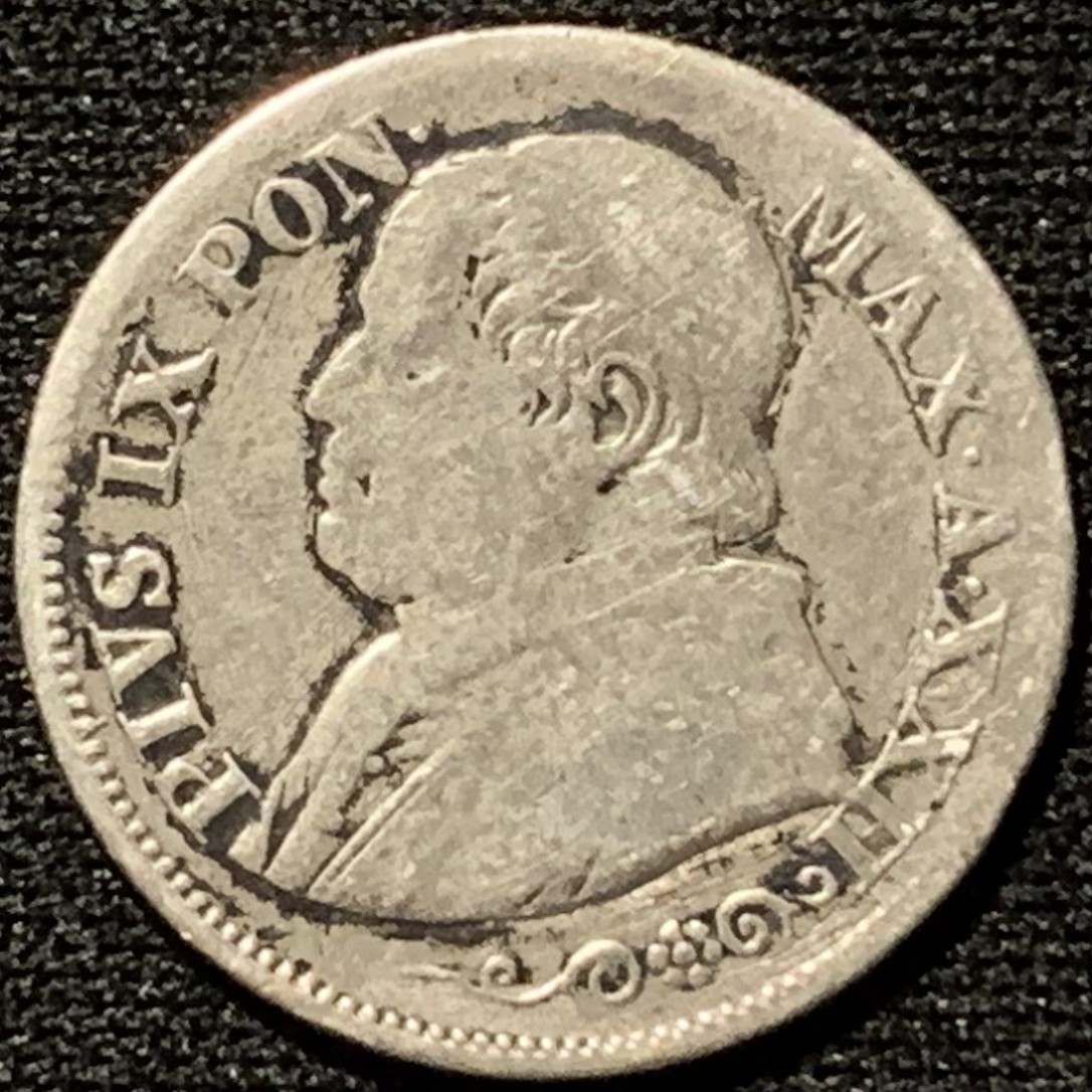 紫瑗钱币——第207期拍卖 教皇国 1868年 庇护九世 10 Soldi 2.5克 0.835银