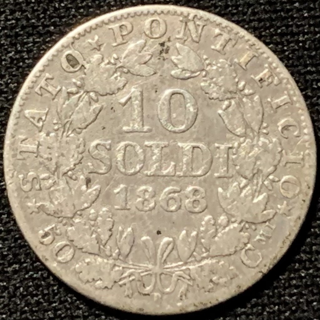 紫瑗钱币——第207期拍卖 教皇国 1868年 庇护九世 10 Soldi 2.5克 0.835银