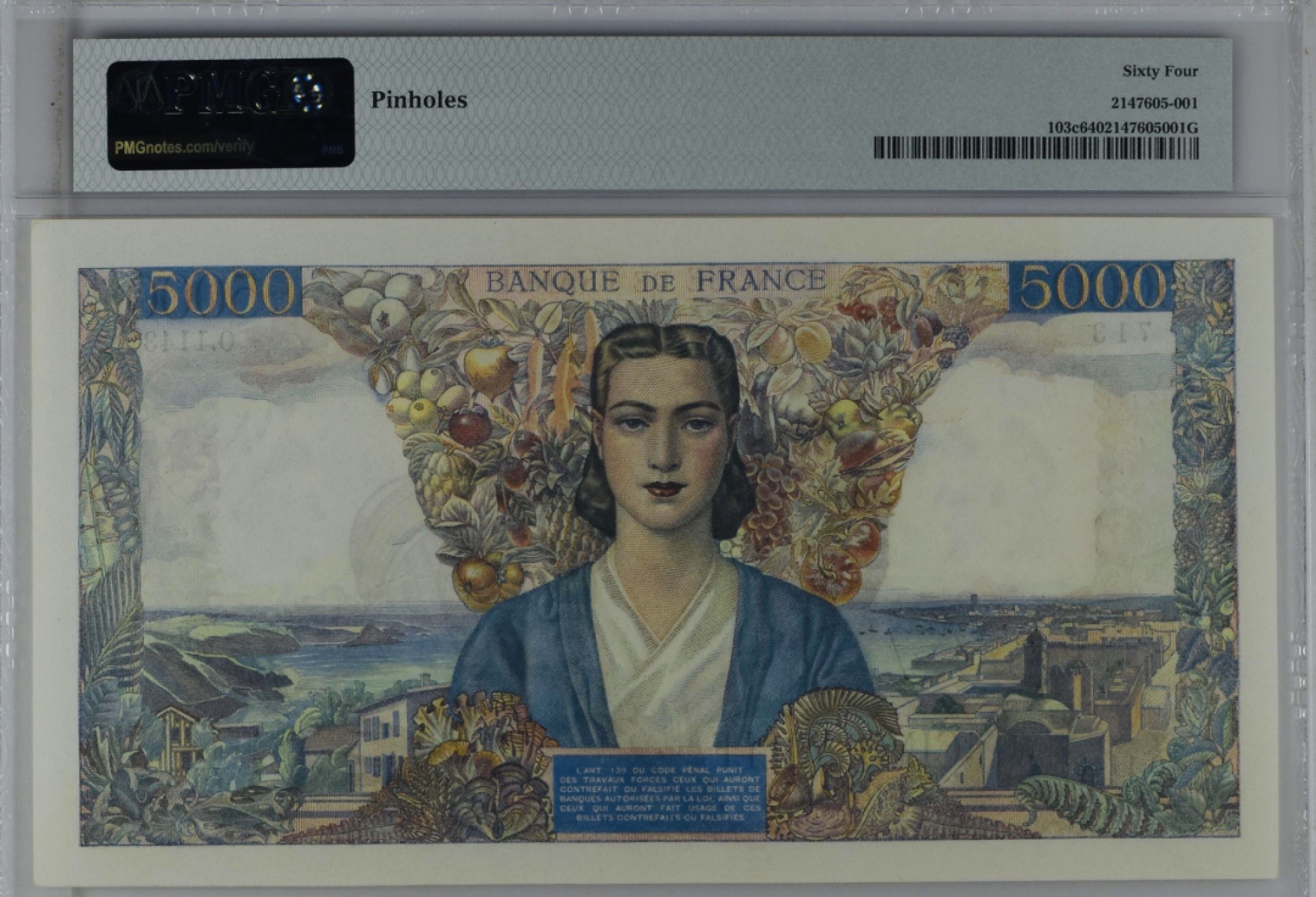 收藏联盟Quantum Auction 第191期拍卖(再次更新) 法国1945-1947年5000法郎 PMG64 大团结 冠军分 除了不显眼的针孔，其余品相完美
