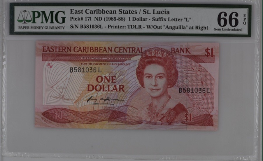 收藏联盟Quantum Auction 第191期拍卖(再次更新) 东加勒比1985-88年1元 PMG66