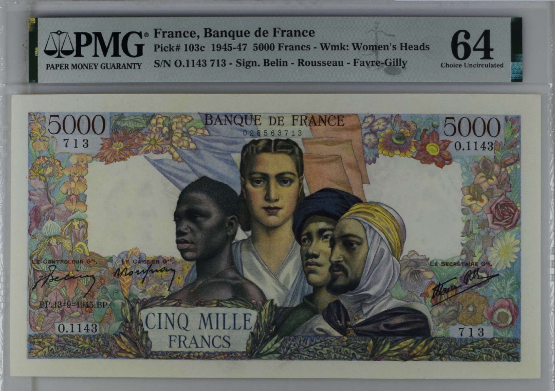 收藏联盟Quantum Auction 第191期拍卖(再次更新) 法国1945-1947年5000法郎 PMG64 大团结 冠军分 除了不显眼的针孔，其余品相完美