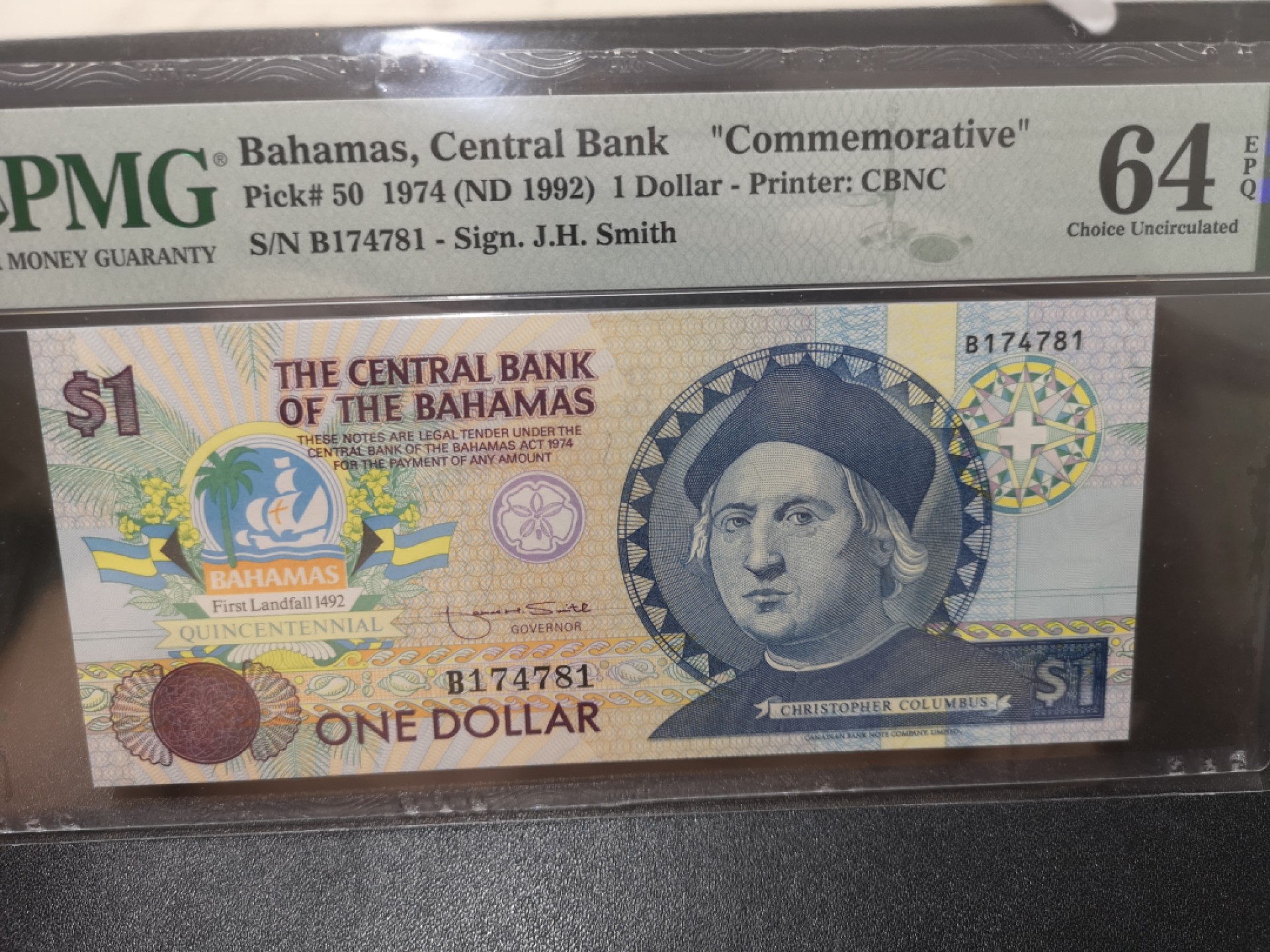 《外钞收藏家》第二百零二期 1974年巴哈马1刀 PMG64 纪念钞 