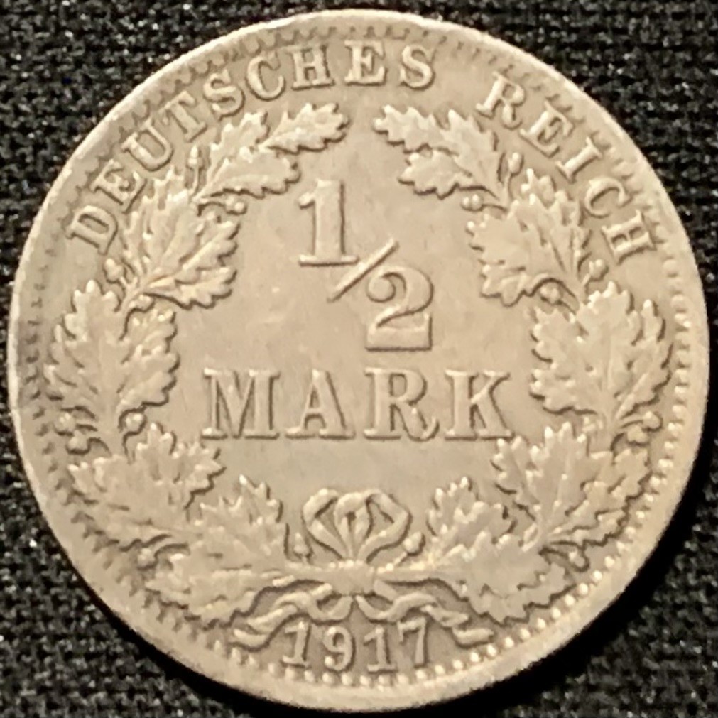 紫瑗钱币——第207期拍卖 德国 1917年 A版 第二帝国 1/2马克 2.75克 0.9银