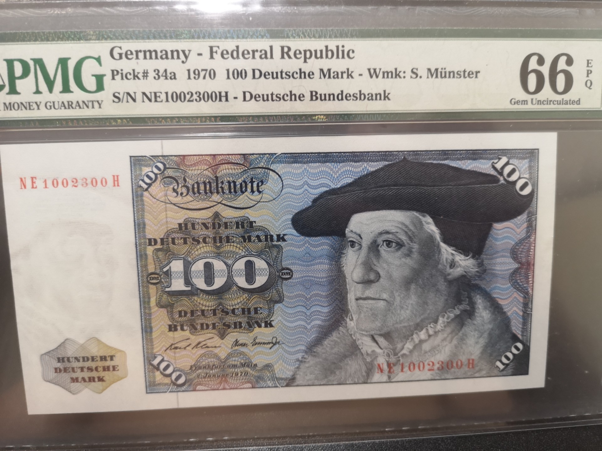 《外钞收藏家》第二百零二期 1970年德国100马克 PMG66 无47 趣味靓号0123 稀少二代蓝壳子