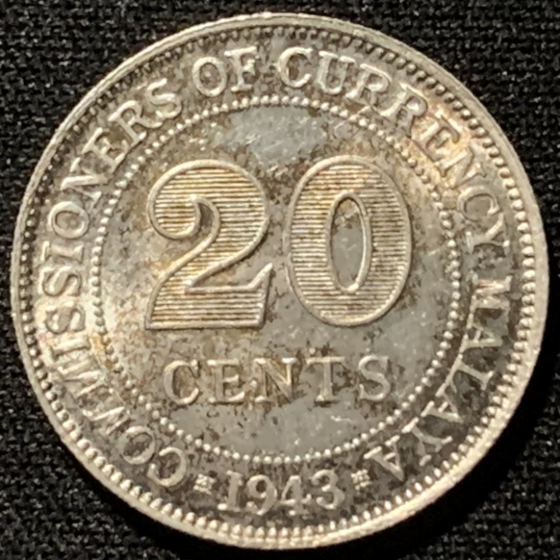 紫瑗钱币——第207期拍卖 马来亚 1943年 乔治六世 20分 5.43克 0.5银 五彩