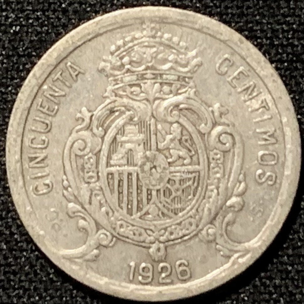 紫瑗钱币——第207期拍卖 西班牙 1926年 阿方索十三世 50分 2.5克 0.835银