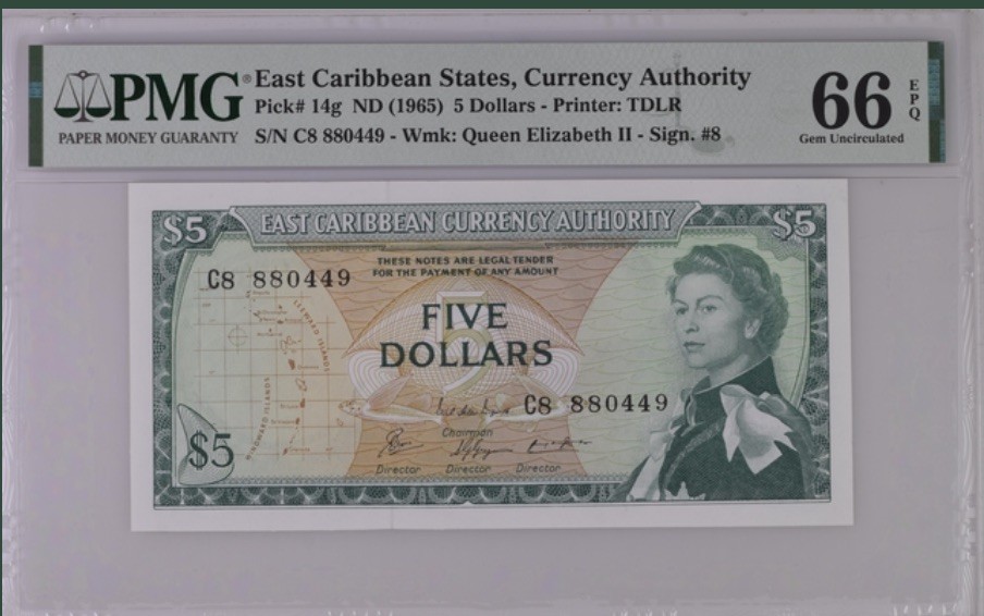 收藏联盟Quantum Auction 第191期拍卖(再次更新) 东加勒比1965年5元 PMG66 戎装女王