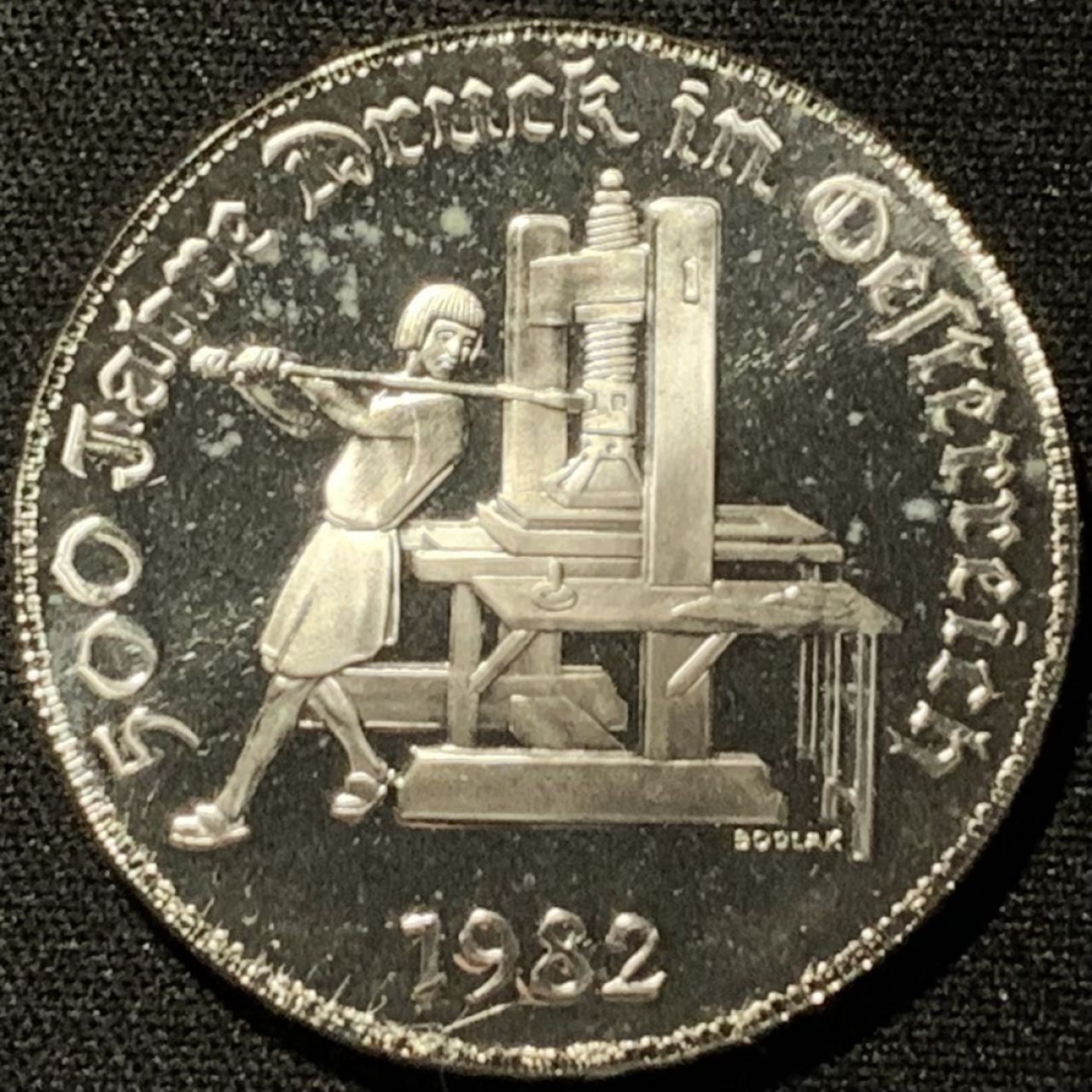 紫瑗钱币——第207期拍卖 奥地利 1982年 奥地利印刷术500周年 500先令 24克 0.64银 精制