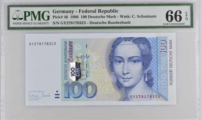 收藏联盟Quantum Auction 第191期拍卖(再次更新) 德国联邦1996年100马克 PMG66 钢琴家克拉拉