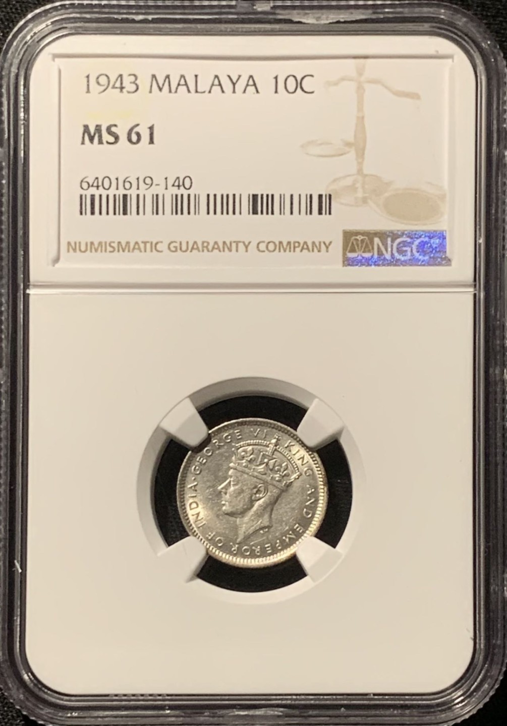 紫瑗钱币——第207期拍卖 马来亚 1943年 乔治六世 10分 银币 NGC MS61