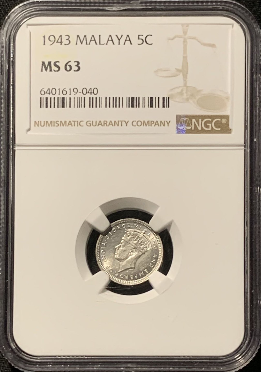 紫瑗钱币——第207期拍卖 马来亚 1943年 乔治六世 5分 银币 NGC MS63
