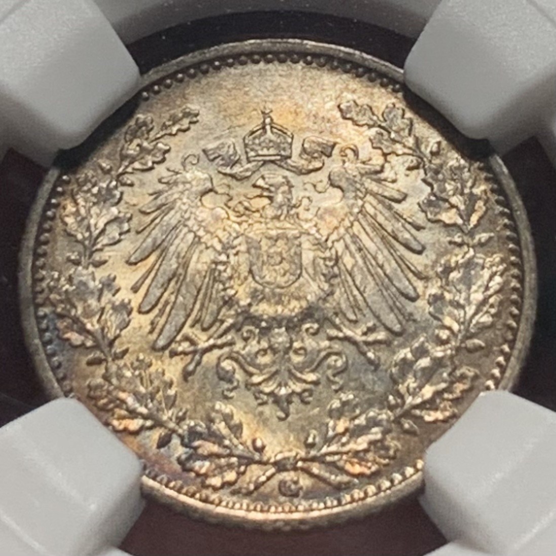 紫瑗钱币——第207期拍卖 德国 1916年 G版 第二帝国 1/2马克 银币 NGC MS62 五彩包浆