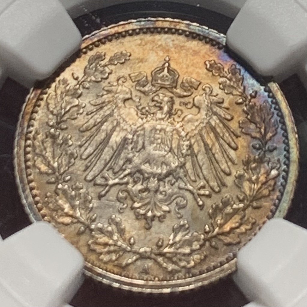 紫瑗钱币——第207期拍卖 德国 1918年 A版 第二帝国 1/2马克 银币 NGC MS63 五彩包浆