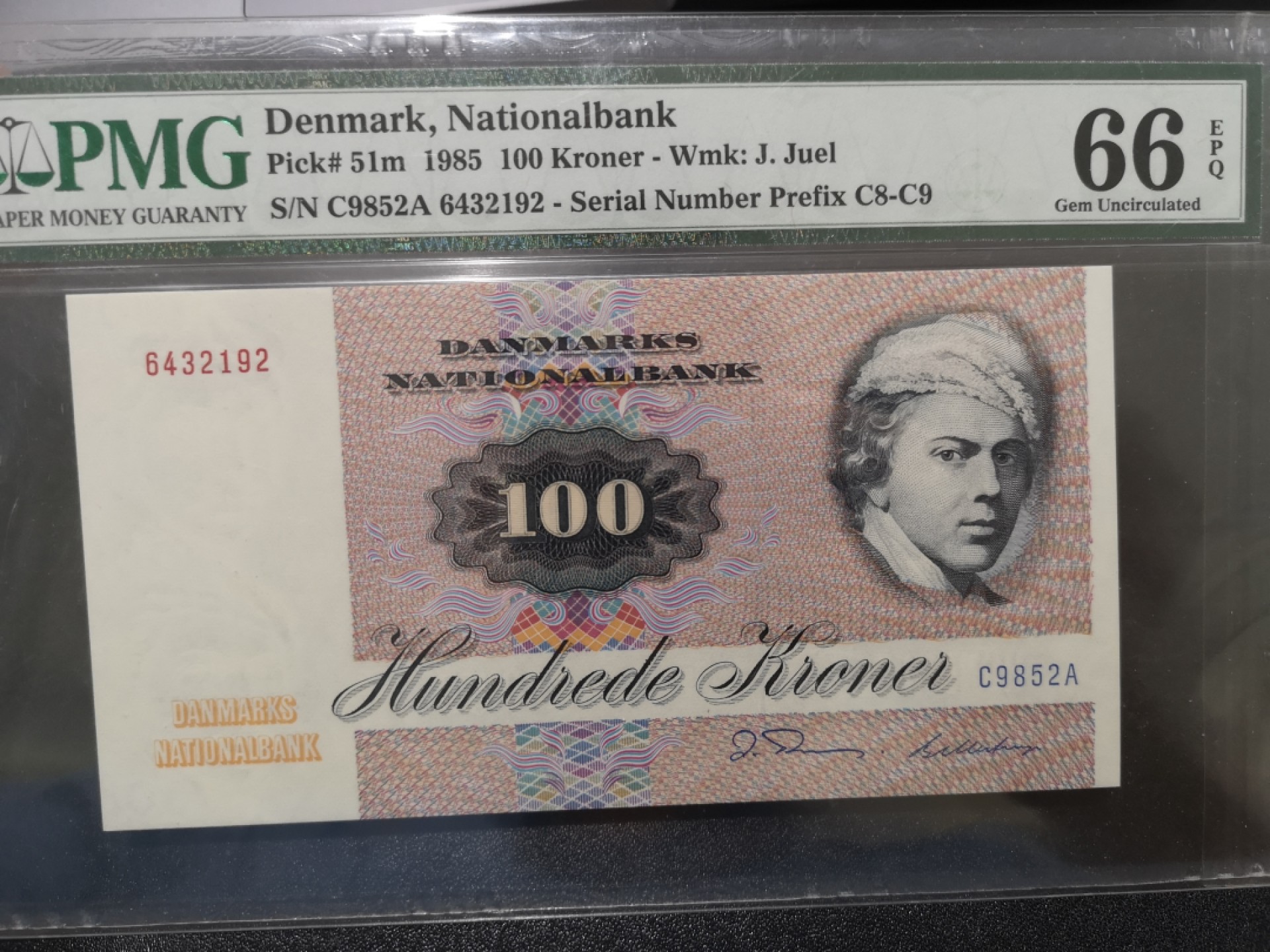 《外钞收藏家》第二百零二期 1985年丹麦动物版100克朗 PMG66