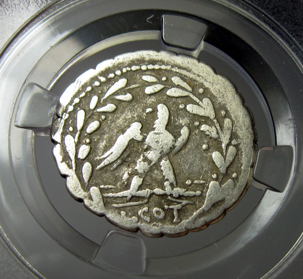 古罗马共和时代银币,火神伏尔坎,鹰与闪电,BC105,1第纳尔,19mm,3.6g,自打标签盒子R6317lx