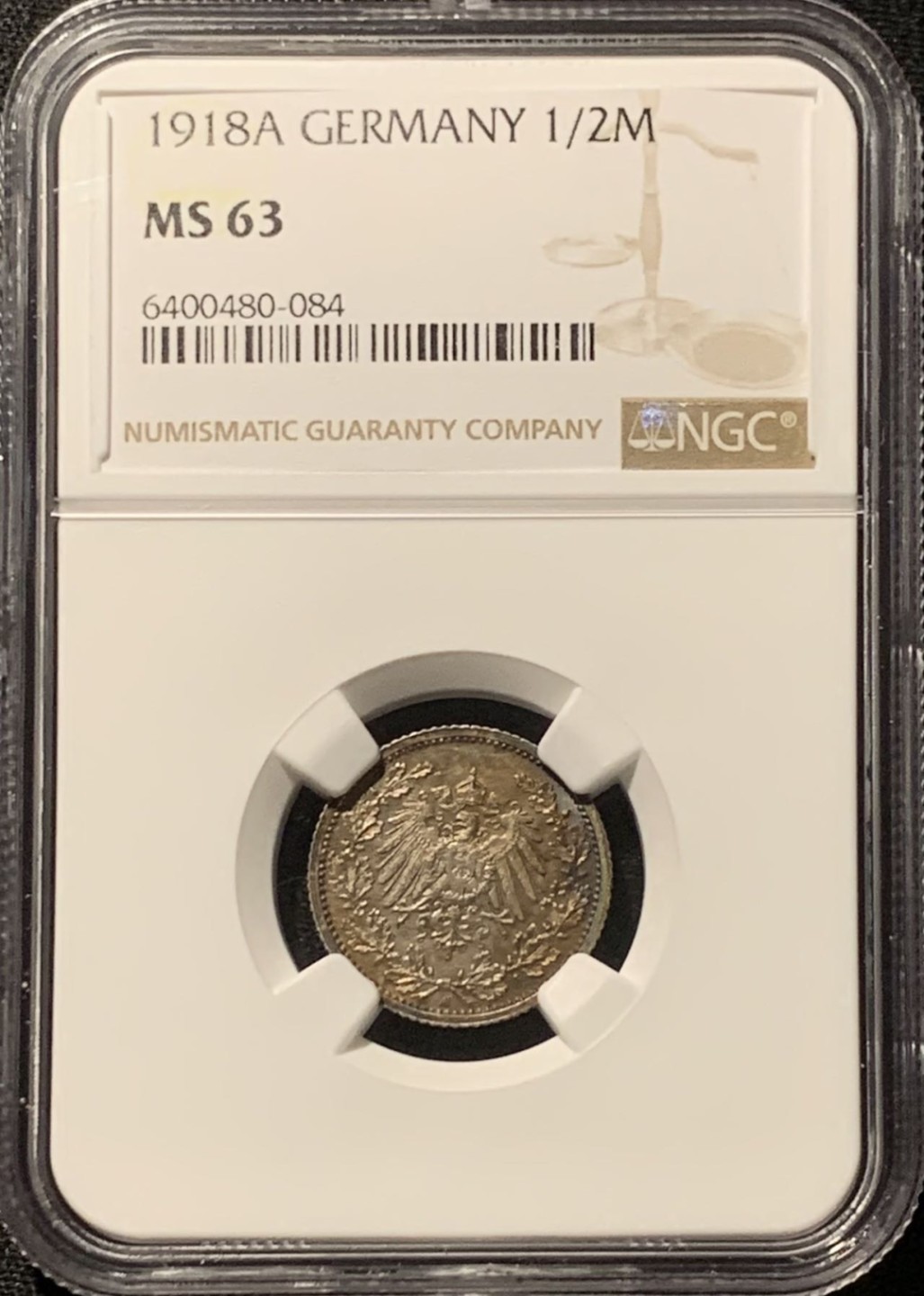 紫瑗钱币——第207期拍卖 德国 1918年 A版 第二帝国 1/2马克 银币 NGC MS63 五彩包浆