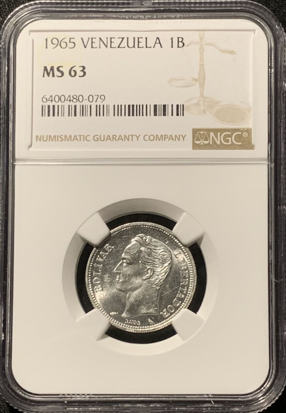 紫瑗钱币——第207期拍卖 委内瑞拉 1965年 1玻利瓦尔 银币 NGC MS63