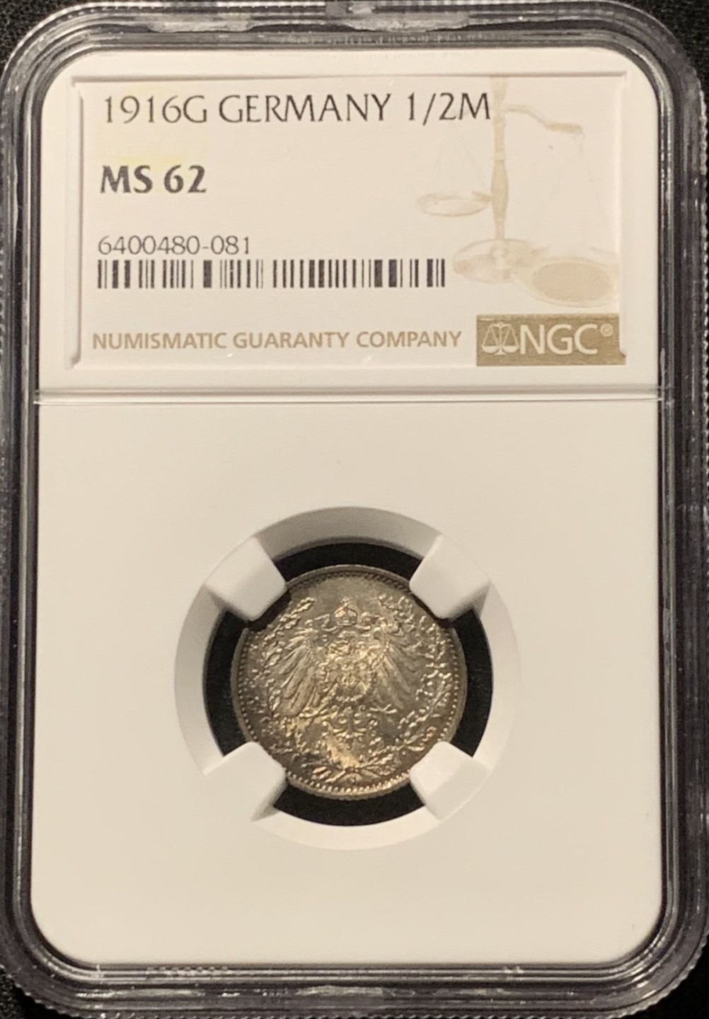 紫瑗钱币——第207期拍卖 德国 1916年 G版 第二帝国 1/2马克 银币 NGC MS62 五彩包浆