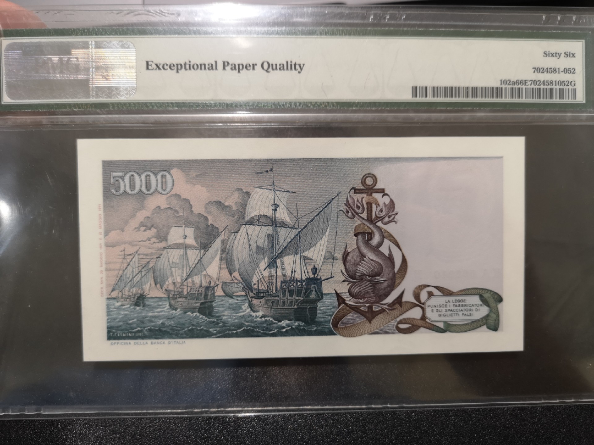 《外钞收藏家》第二百零二期 1971年意大利5000里拉 PMG66 无47
