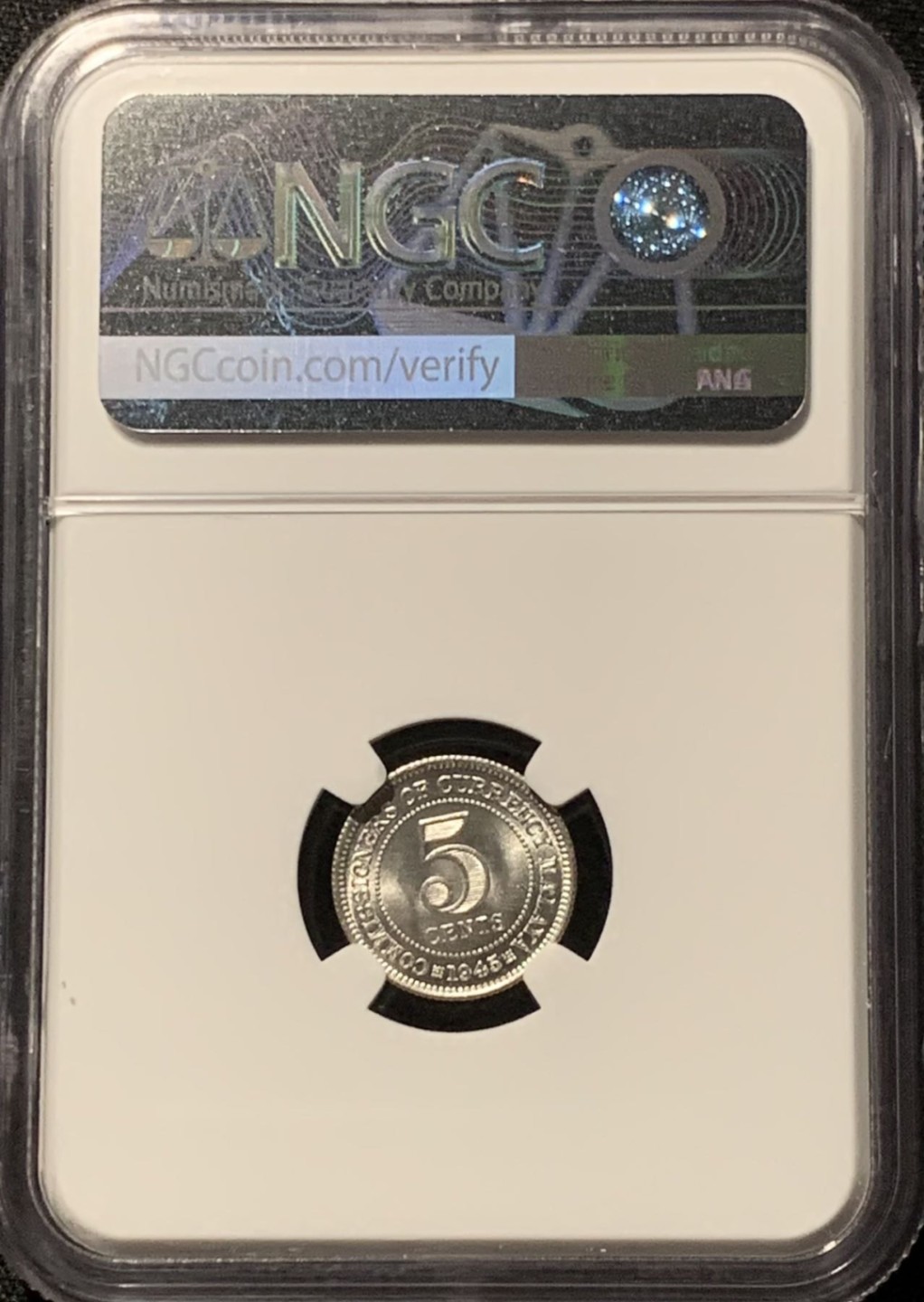 紫瑗钱币——第207期拍卖 马来亚 1945年 乔治六世 5分 银币 NGC MS64