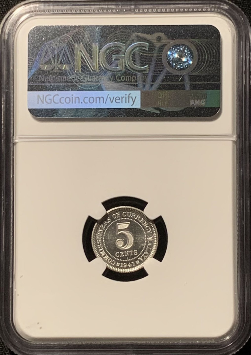 紫瑗钱币——第207期拍卖 马来亚 1941年 i版 乔治六世 5分 银币 NGC MS62