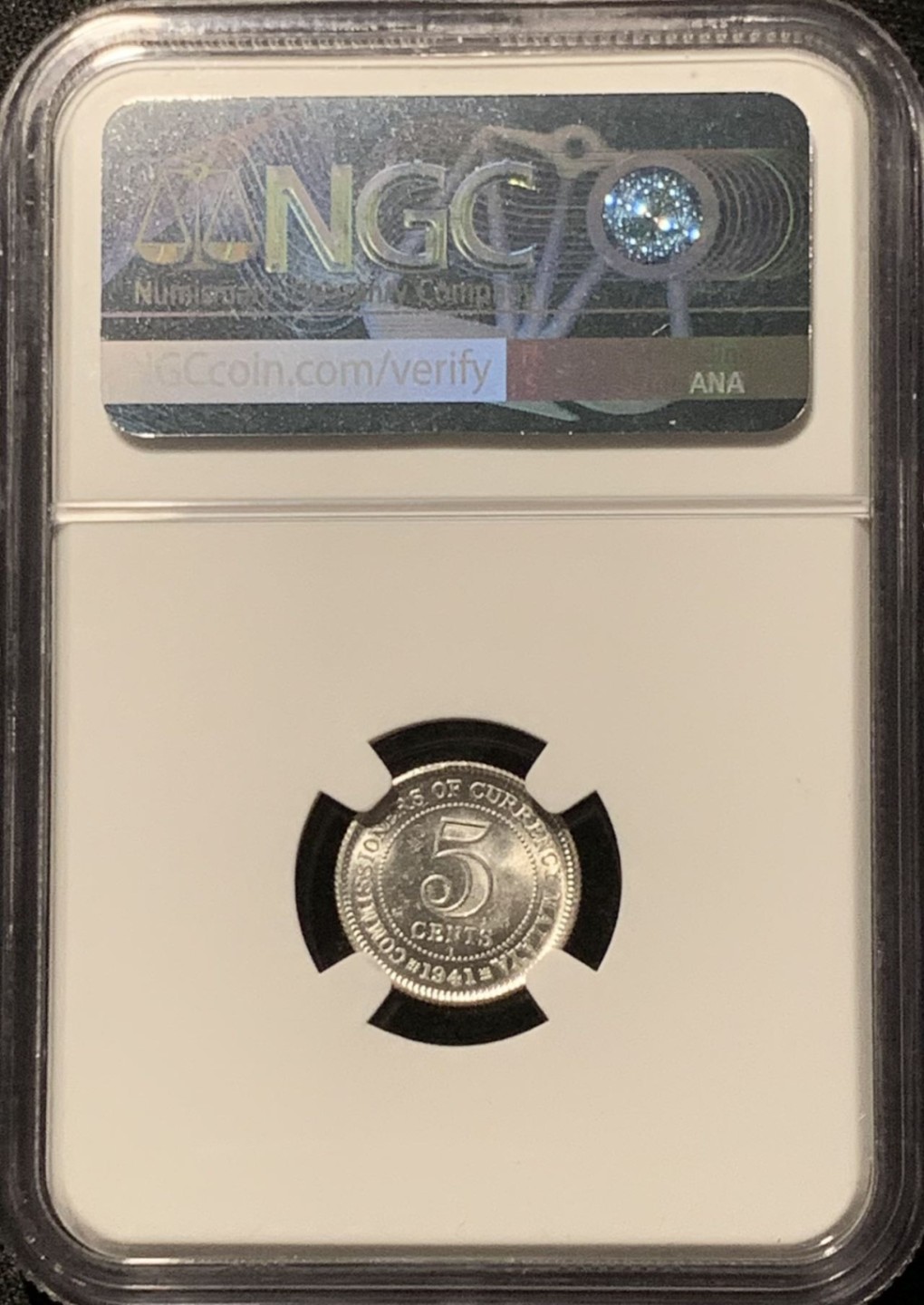 紫瑗钱币——第207期拍卖 马来亚 1941年 i版 乔治六世 5分 银币 NGC MS63