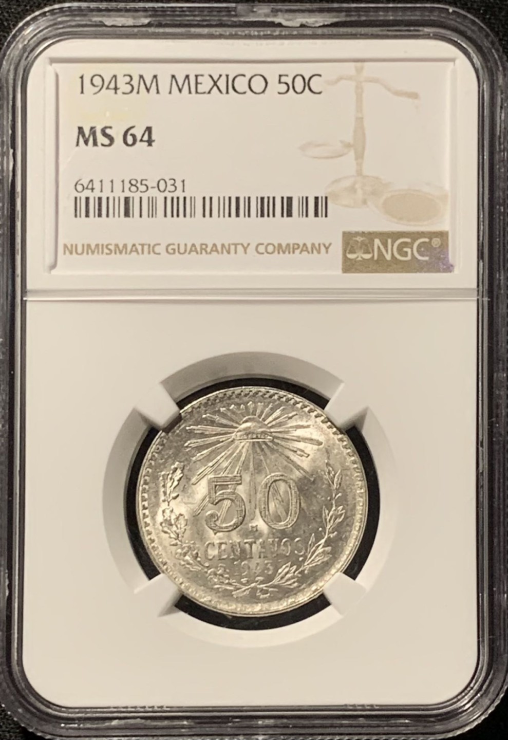 紫瑗钱币——第207期拍卖 墨西哥 1943年 M版 鹰洋 50分 银币 NGC MS64