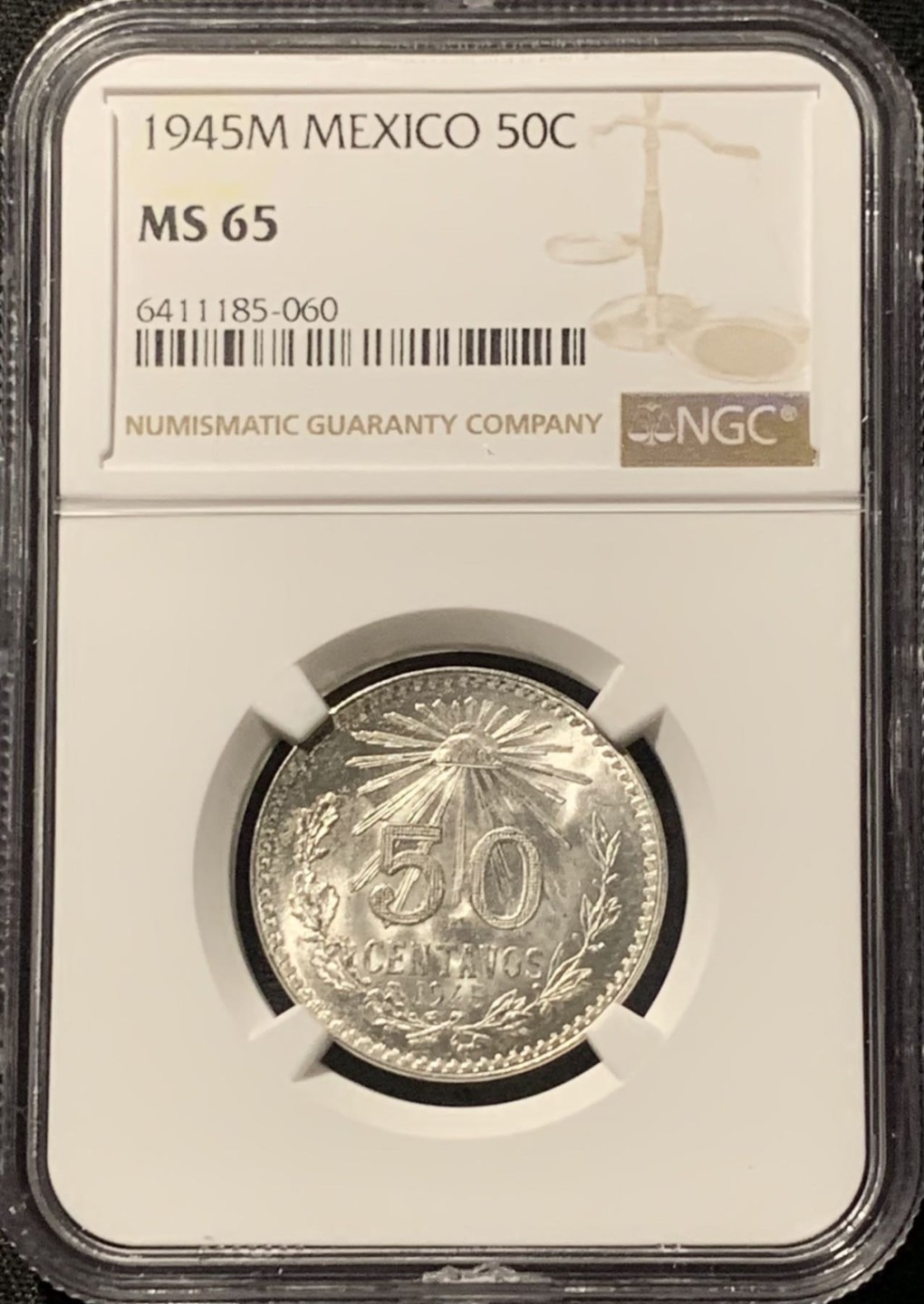 紫瑗钱币——第207期拍卖 墨西哥 1945年 M版 鹰洋 50分 银币 NGC MS65