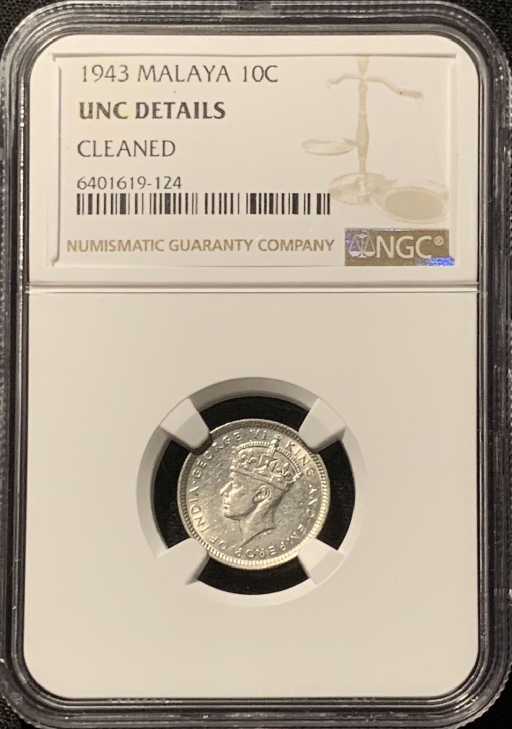 紫瑗钱币——第207期拍卖 马来亚 1943年 乔治六世 10分 银币 NGC UNC Detail