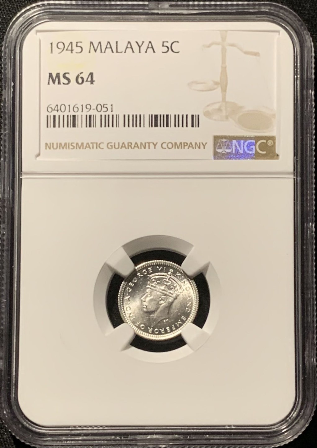 紫瑗钱币——第207期拍卖 马来亚 1945年 乔治六世 5分 银币 NGC MS64