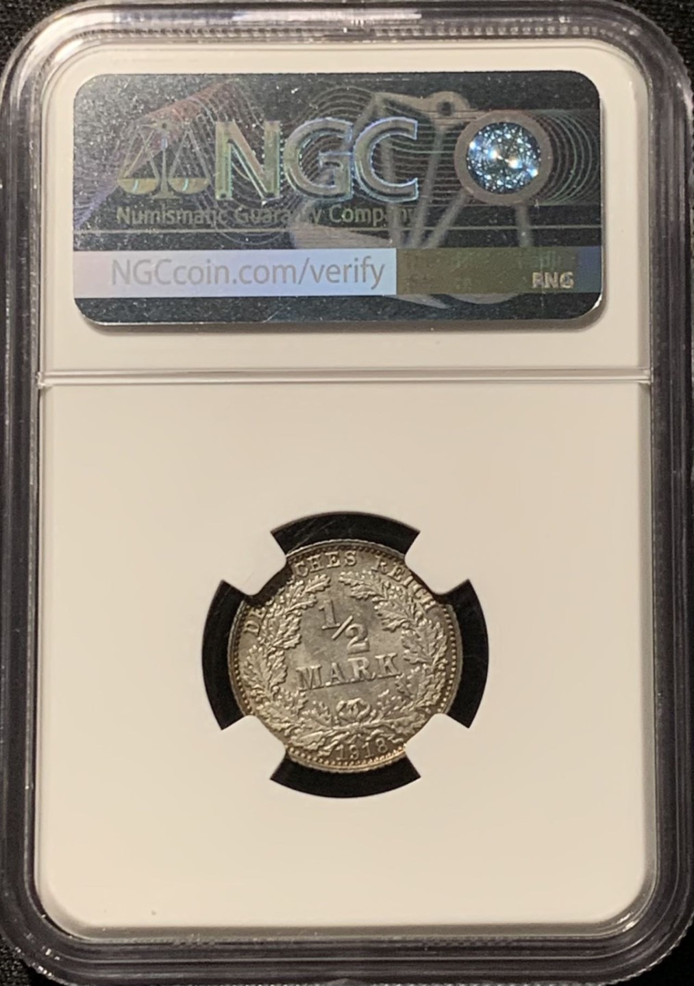 紫瑗钱币——第207期拍卖 德国 1918年 A版 第二帝国 1/2马克 银币 NGC MS63 五彩包浆