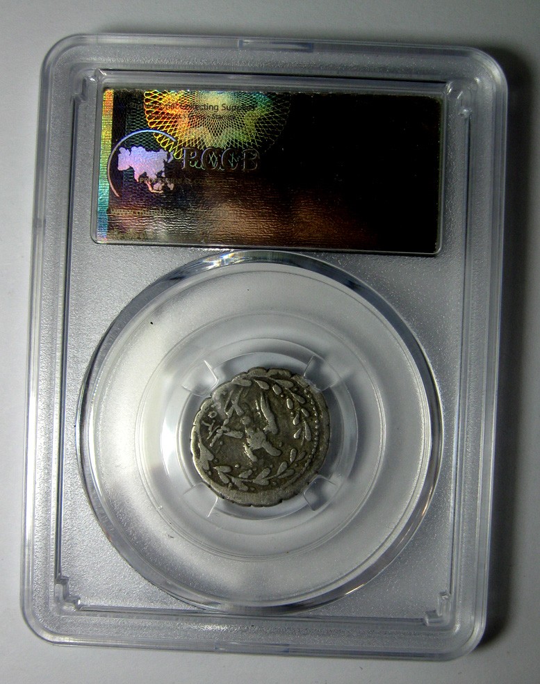 古罗马共和时代银币,火神伏尔坎,鹰与闪电,BC105,1第纳尔,19mm,3.6g,自打标签盒子R6317lx