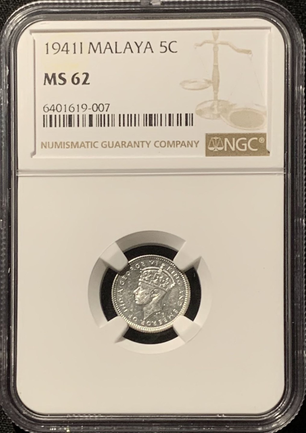 紫瑗钱币——第207期拍卖 马来亚 1941年 i版 乔治六世 5分 银币 NGC MS62