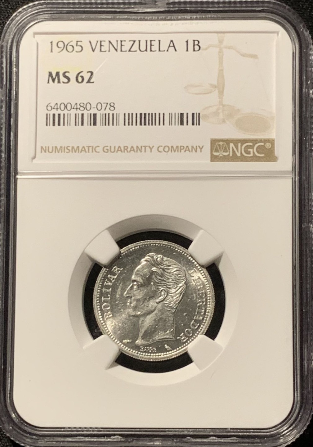 紫瑗钱币——第207期拍卖 委内瑞拉 1965年 1玻利瓦尔 银币 NGC MS62