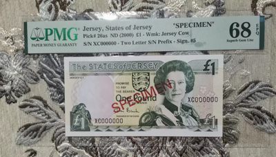世家收藏第⑩期九月号邮票钱币专场（自动截拍） - 【唯一冠军分】泽西2000年￡1全0样钞PMG68EPQ（牛头水印）全球唯一冠军分数