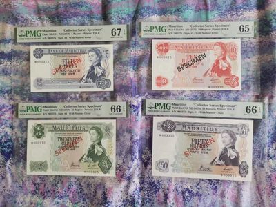 世家收藏第⑩期九月号邮票钱币专场（自动截拍） - 【戎装女王样钞】毛里求斯1978年5～50卢比样钞全套④张PMG65/66/67（包括了三张亚军分数）流水号码无4 最美的女王 升值品种