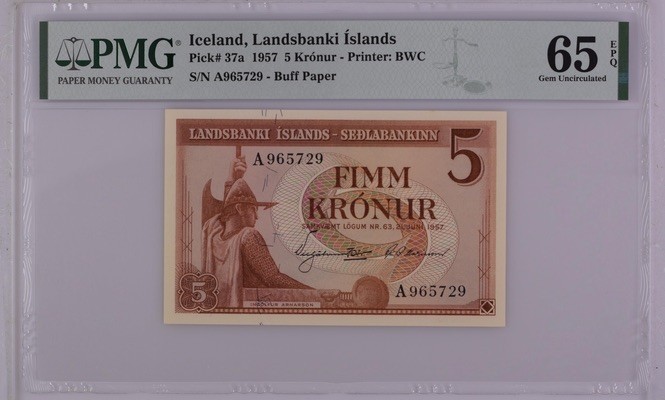 收藏联盟Quantum Auction 第191期拍卖(再次更新) 冰岛1957年5克朗 PMG65 初版A冠