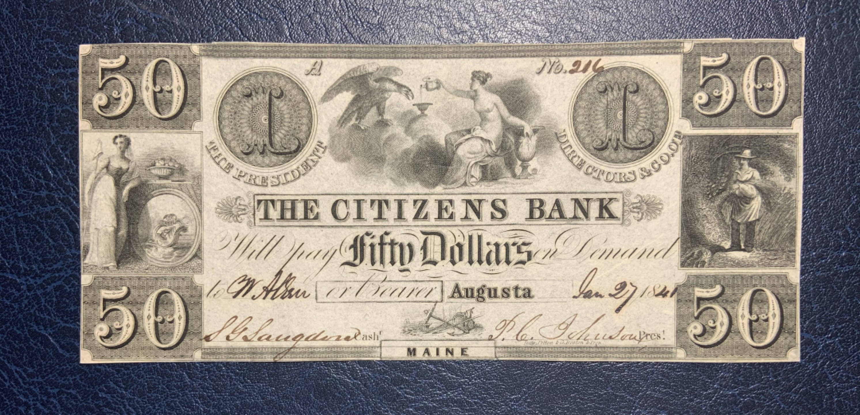 收藏联盟Quantum Auction 第191期拍卖(再次更新) 美国1841年奥古斯特国民银行50美元 品相全新UNC 高面值 稀少手签且有编号的实票