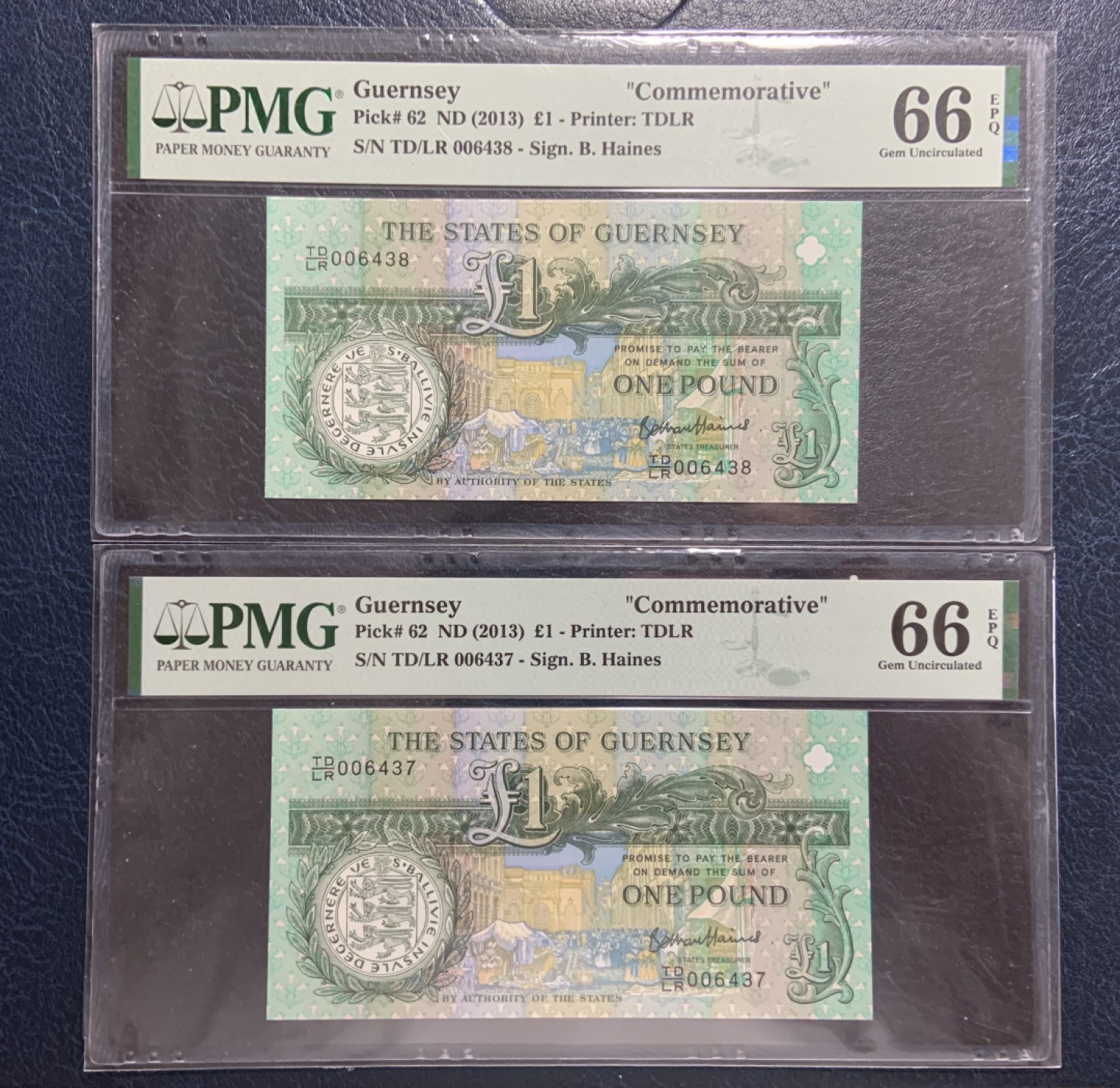 收藏联盟Quantum Auction 第191期拍卖(再次更新) 格恩西岛2013年1镑 PMG66 连号纪念钞一对 德纳罗公司创始人