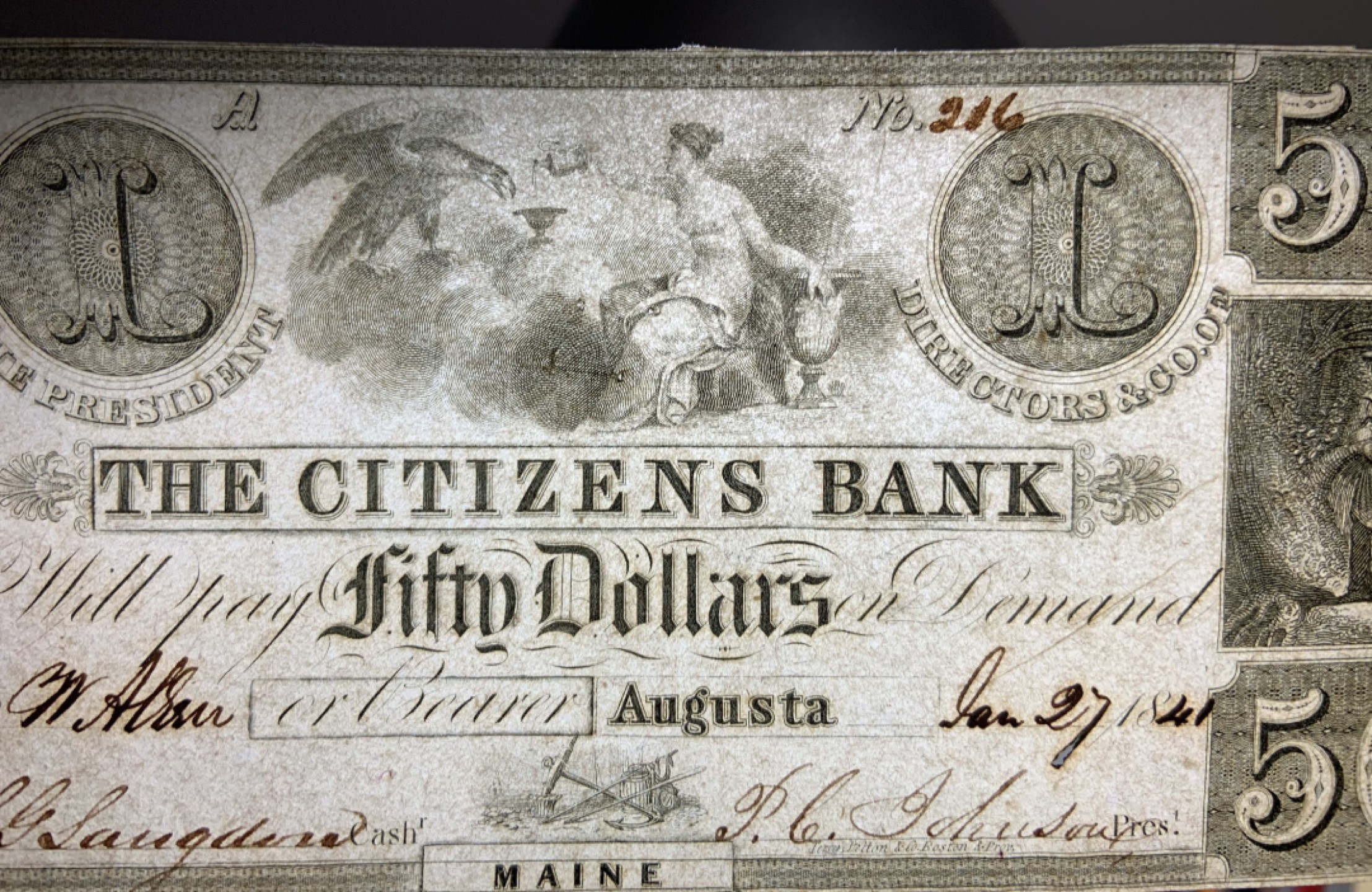 收藏联盟Quantum Auction 第191期拍卖(再次更新) 美国1841年奥古斯特国民银行50美元 品相全新UNC 高面值 稀少手签且有编号的实票