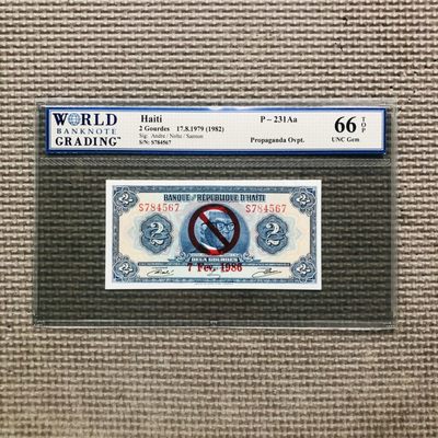 42nd ￥￥来点普通的(PMG评级币) - 海地1986年2古德Tyvek塑料钞，反对派加印 #S784567